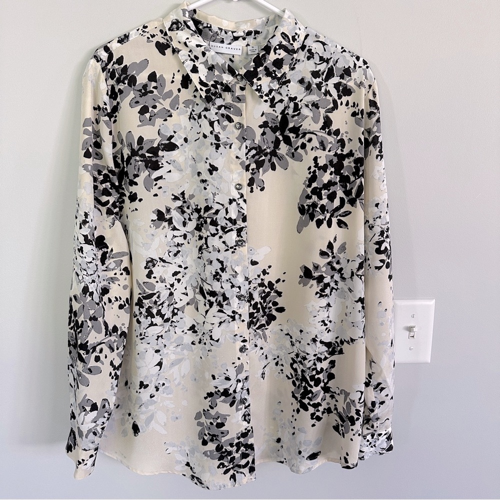 Susan Graver Printed Woven Long Sleeve Button Front Shirt, Size 16